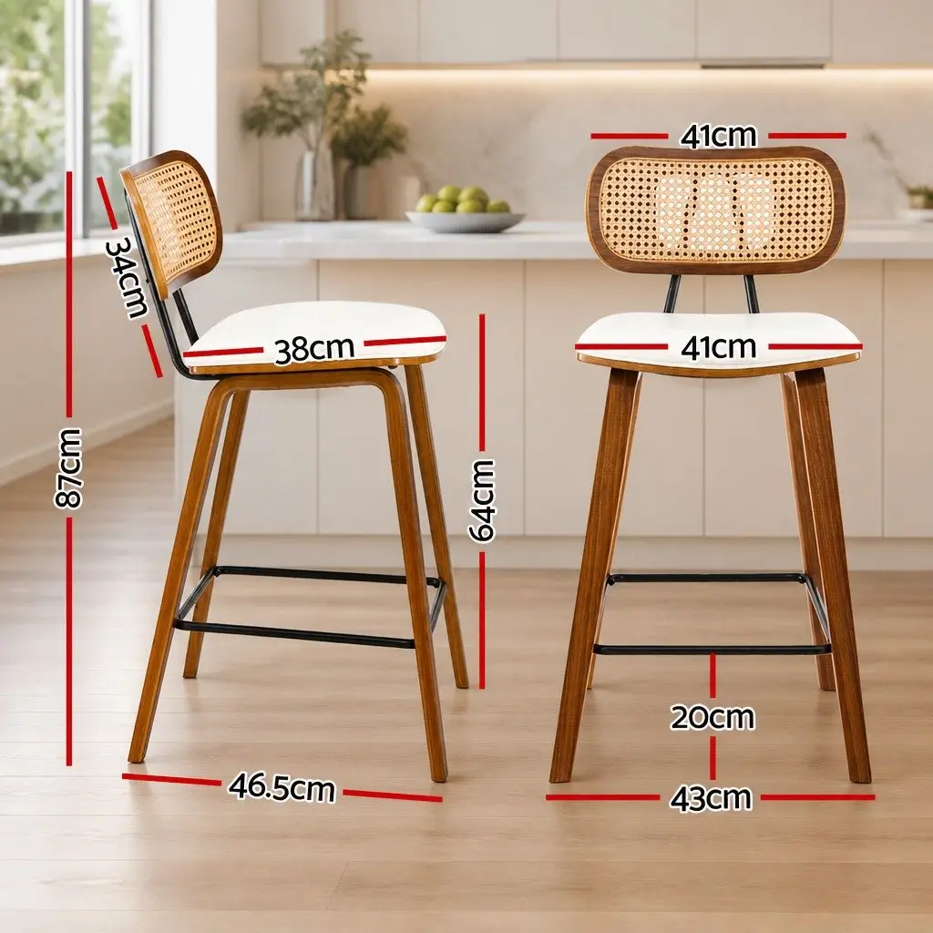 Bar Stools Set of 2 Kitchen Counter Chairs Rattan Backrest PU Leather Beige