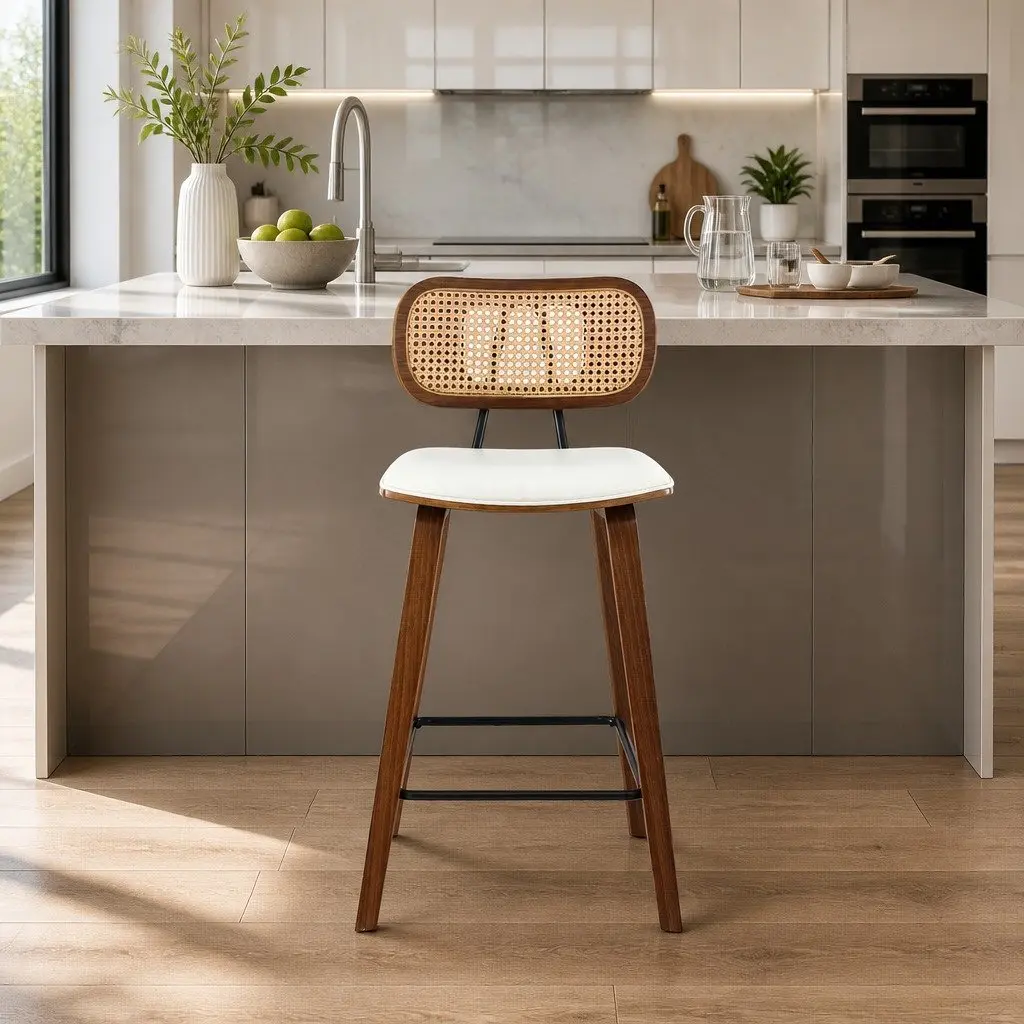 Bar Stools Set of 2 Kitchen Counter Chairs Rattan Backrest PU Leather Beige