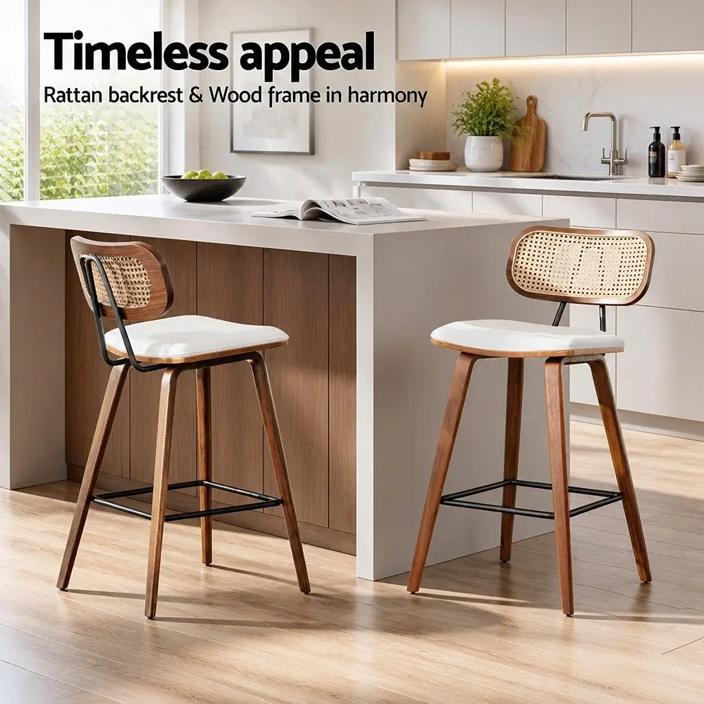 Bar Stools Set of 2 Kitchen Counter Chairs Rattan Backrest PU Leather Beige