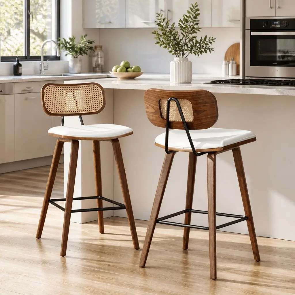 Bar Stools Set of 2 Kitchen Counter Chairs Rattan Backrest PU Leather Beige