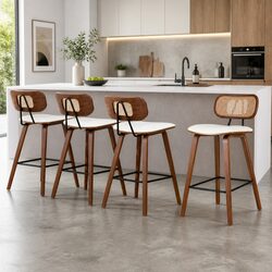 Set of 4 Bar Stools with PU Leather and Rattan Backrest