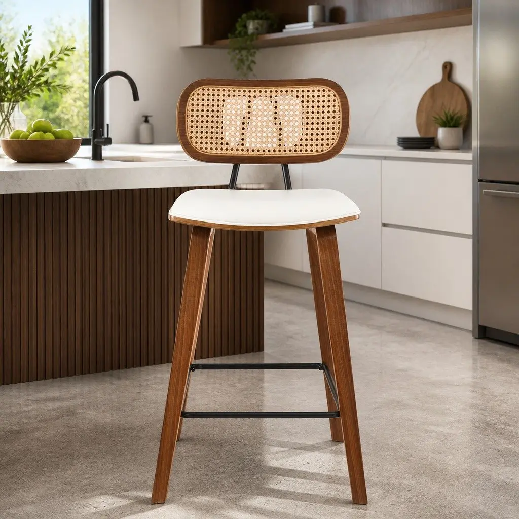 Bar Stools Ergonomic Comfort Set of 4 Beige PU Leather Seat Walnut Frame