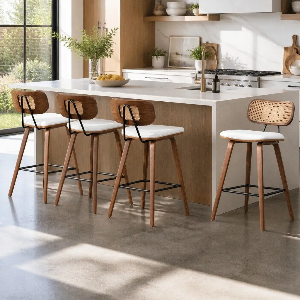 Bar Stools Ergonomic Comfort Set of 4 Beige PU Leather Seat Walnut Frame