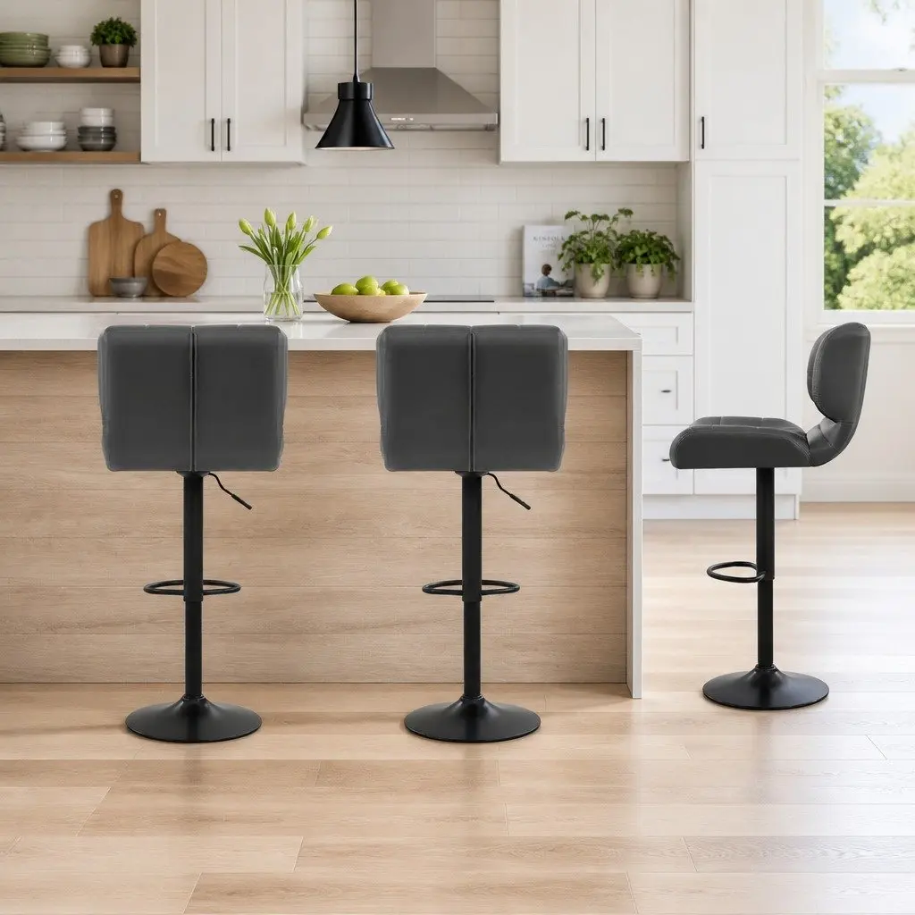 Bar Stools Swivel Chair Adjustable Height PU Leather Padded Seat Chrome Base Grey 2 Pack