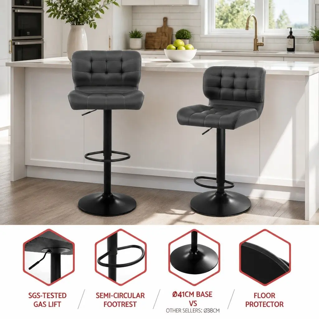Padded Seat Gas Lift Bar Stools Swivel Adjustable Height Kitchen Counter Grey Set of 4