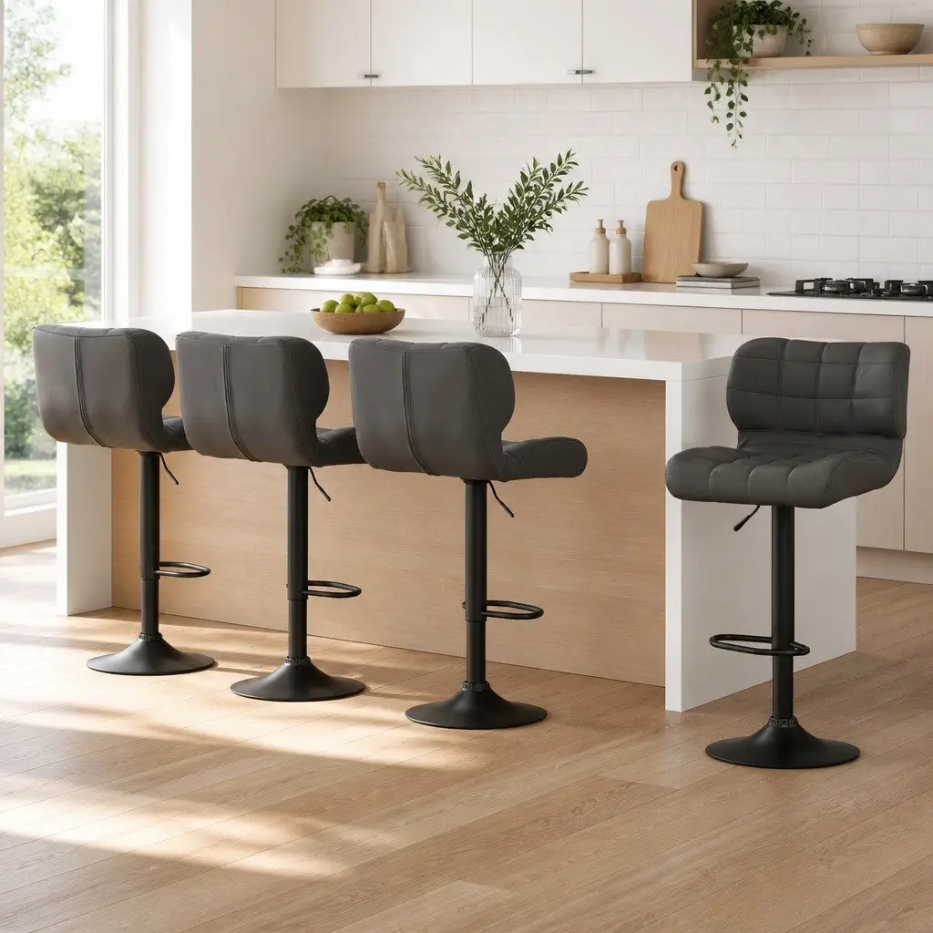 Padded Seat Gas Lift Bar Stools Swivel Adjustable Height Kitchen Counter Grey Set of 4