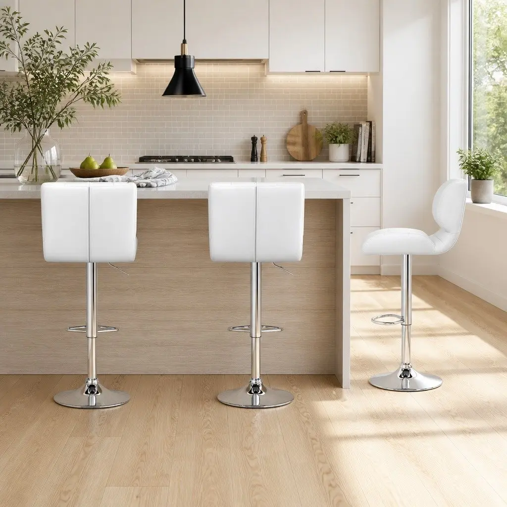 Bar Stools Gas Lift Padded Seat Swivel Chair Chrome Base White Set of 2