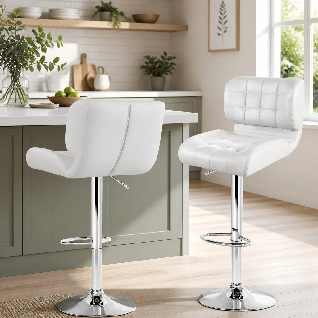 Bar Stools Gas Lift Padded Seat Swivel Chair Chrome Base White Set of 2