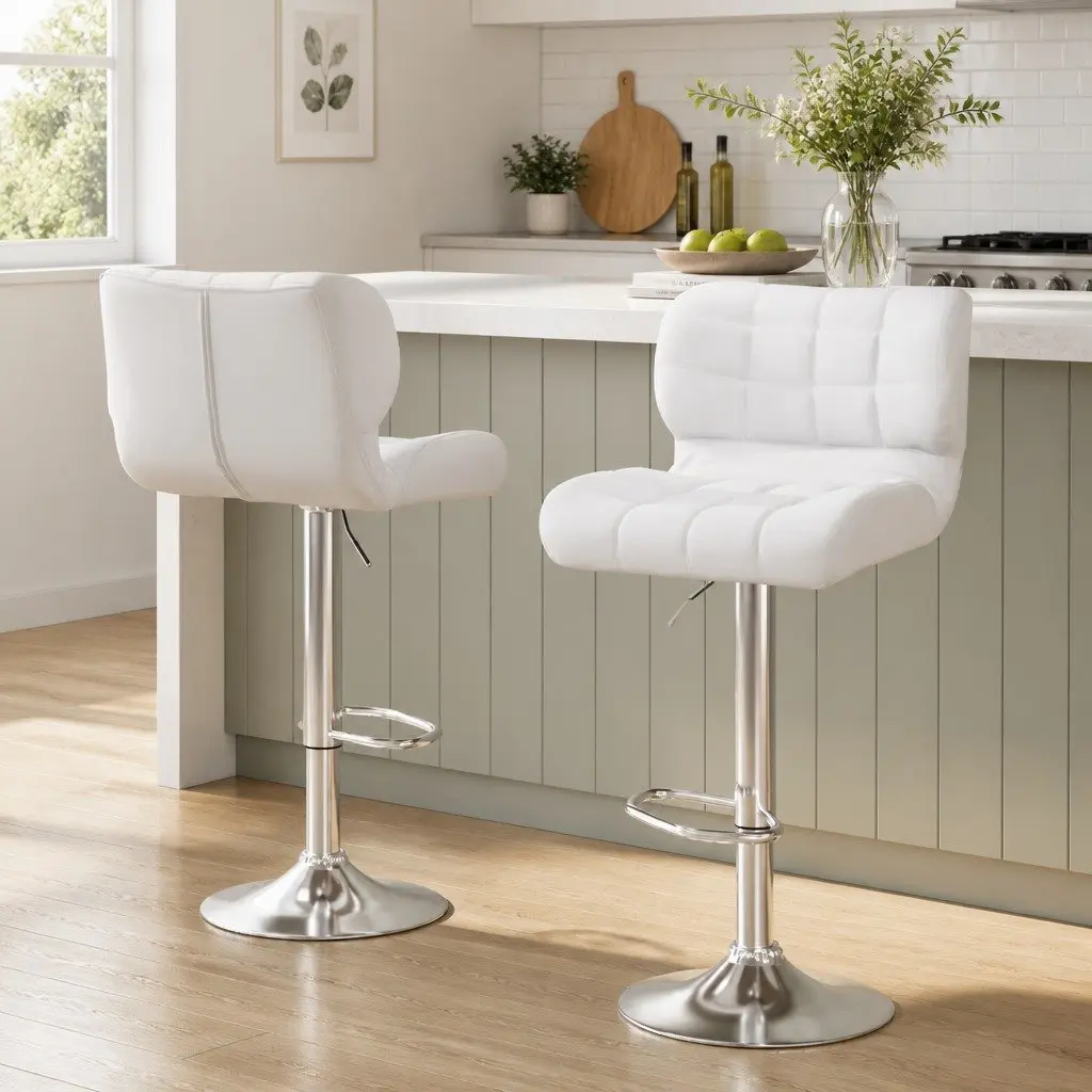 Bar Stools Gas Lift Padded Seat Swivel Chair Chrome Base White Set of 2