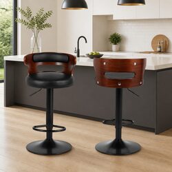 Gas Lift Bar Stools 2x in Black PU Leather with Mid-Back