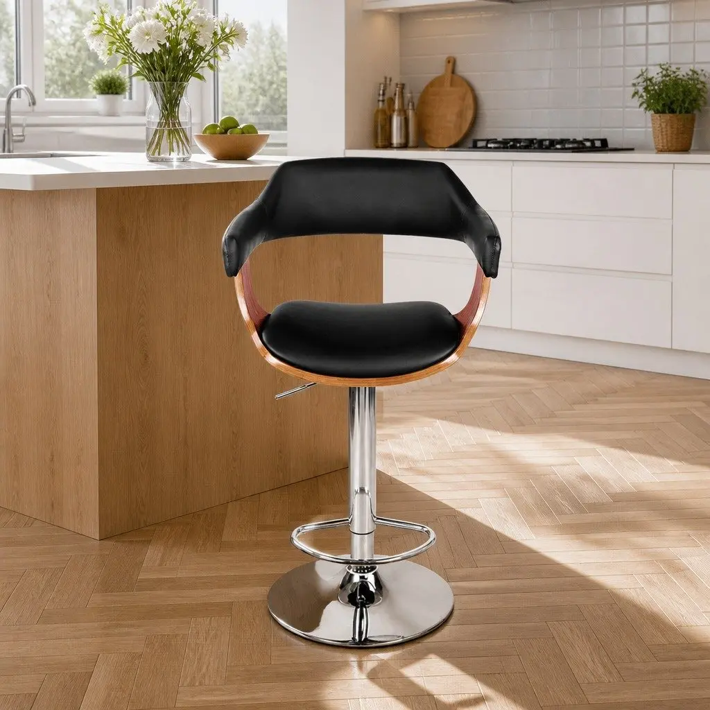 Bar Stools Swivel Chair Adjustable Height Black Padded Seat Chrome Base