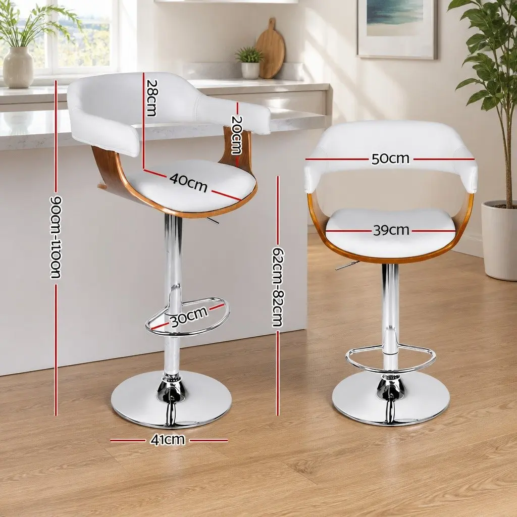 Bar Stools Adjustable Height Swivel Wooden Seat Armrest White Set of 2