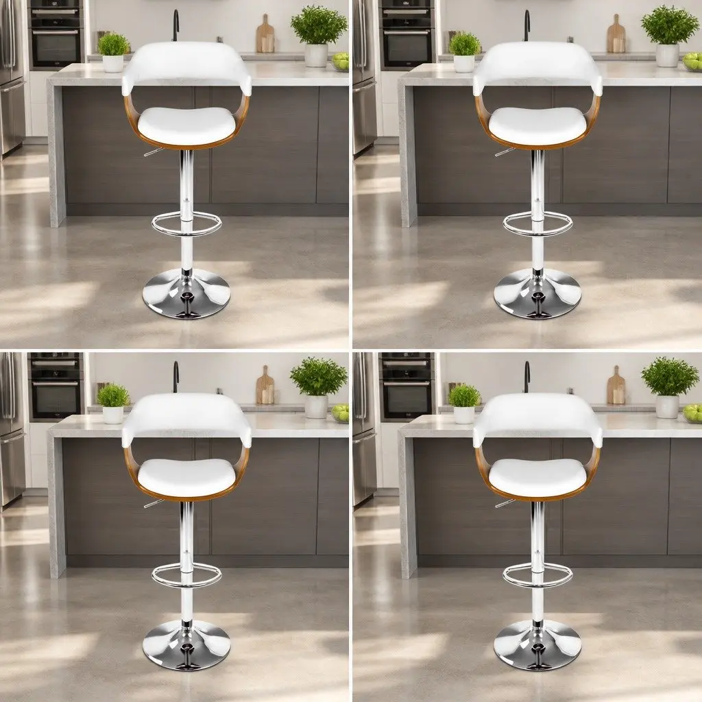 White Bar Stools Adjustable Height Swivel Seat Wooden Frame Chrome Base 4 Pieces