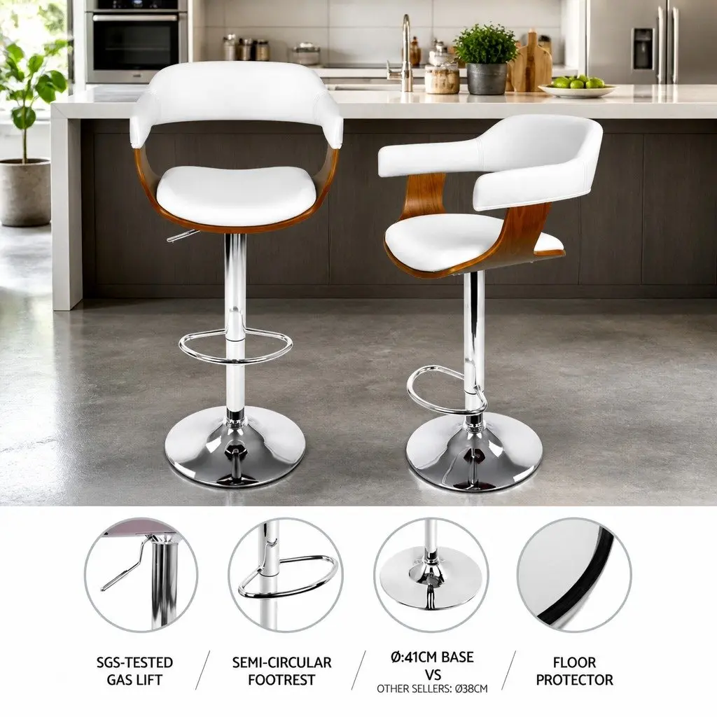 White Bar Stools Adjustable Height Swivel Seat Wooden Frame Chrome Base 4 Pieces