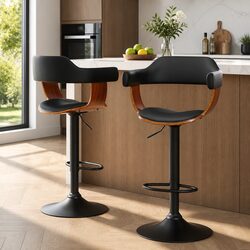 Adjustable Bar Stools with Armrests, Set of 2 in Black