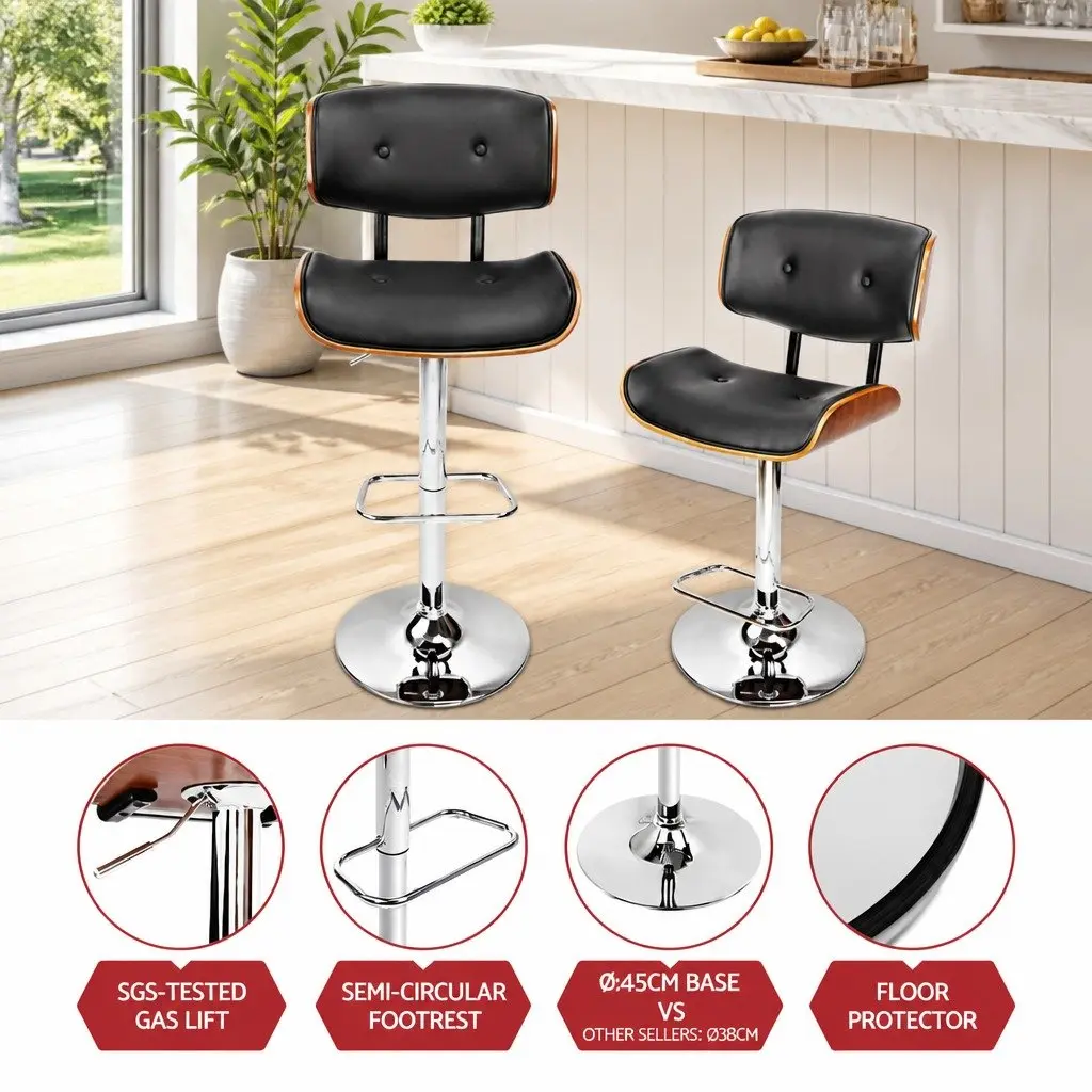 Wooden Bar Stools Adjustable Height Swivel PU Leather Black Chrome Base Set of 2
