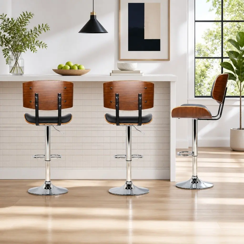 Wooden Bar Stools Adjustable Height Swivel PU Leather Black Chrome Base Set of 2