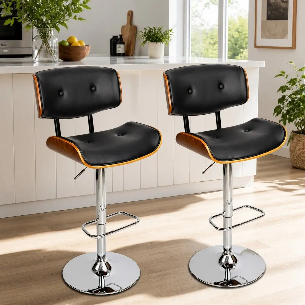 Wooden Bar Stools Adjustable Height Swivel PU Leather Black Chrome Base Set of 2