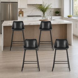 Set of 4 Bar Stools with Padded Leather Seat and Metal Frame
