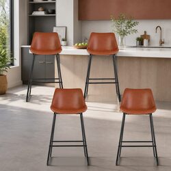 Set of 4 Metal Frame Bar Stools with Brown Upholstery