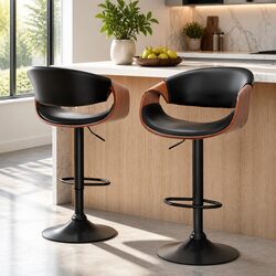 Curved Backrest Black Leather Bar Stools with Adjustable Height, Set of 2