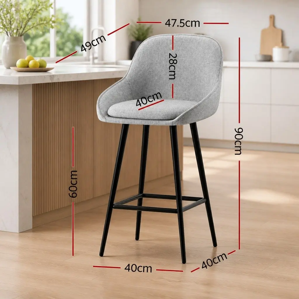 Bar Stools Padded Comfort Set of 2 Grey Upholstered Counter Seat Kitchen Dining Chairs