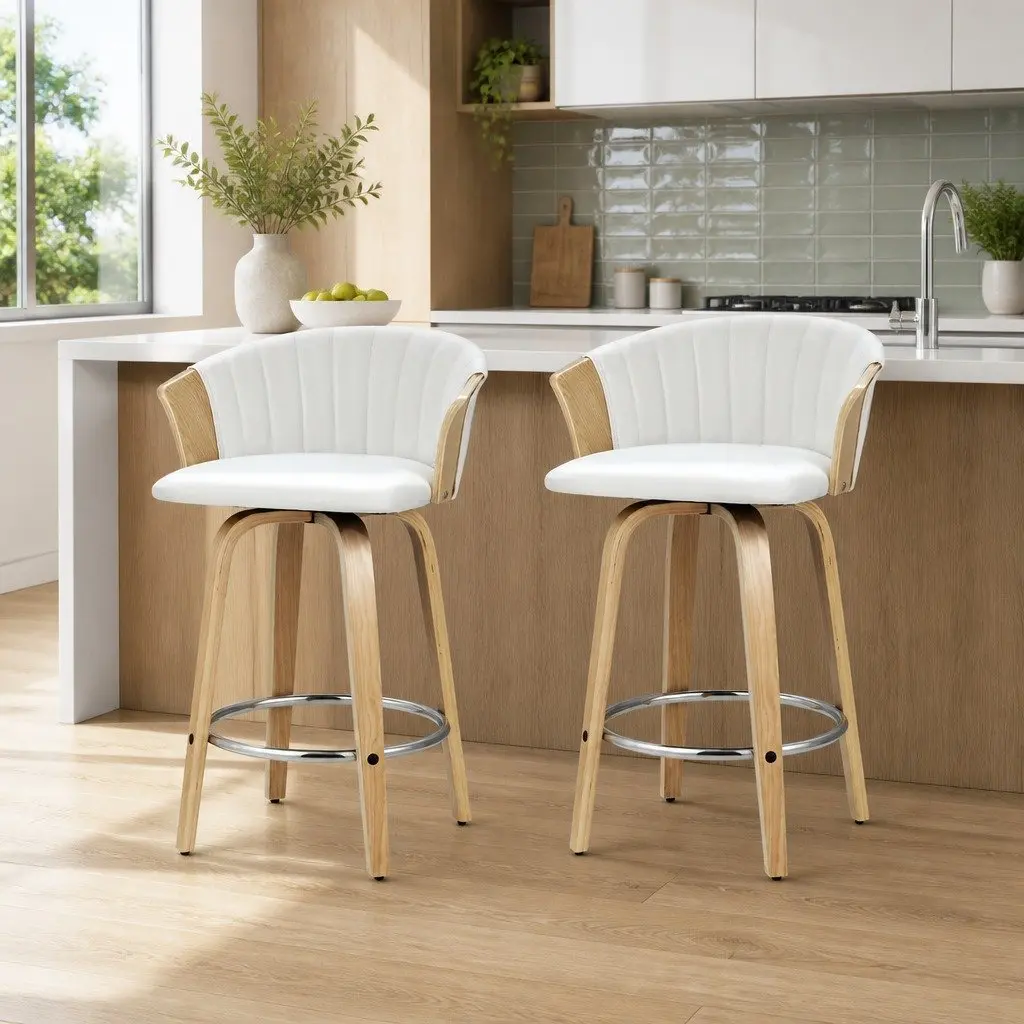 Bar Stools Swivel Adjustable Height White Leather Padded Seat 2 Piece
