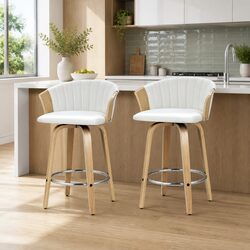 Set of 2 White Leather Swivel Bar Stools with Padded Seats