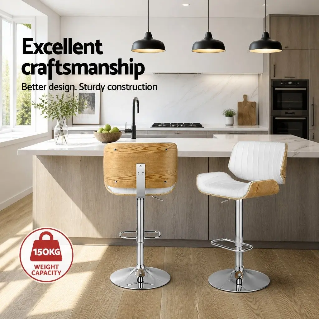 Bar Stools Adjustable Swivel Leather Chairs Set of 2 White Contemporary Design