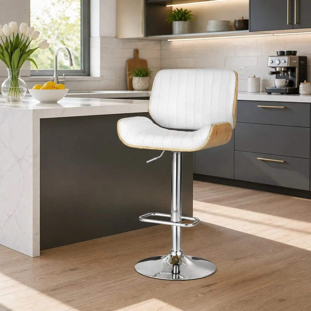 Bar Stools Adjustable Height Swivel Padded White Wooden Seat