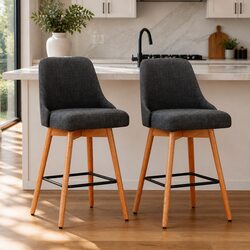 Set of 2 Swivel Bar Stools in Charcoal with Padded Backrest