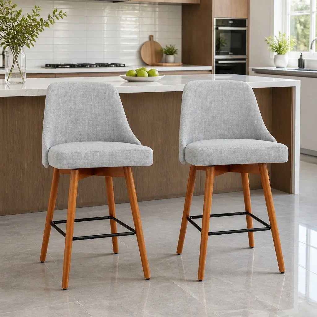 Bar Stools Swivel Seat Wooden Light Grey Kitchen Counter Height Set of 2