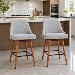 Set of 2 Swivel Seat Bar Stools in Light Grey - Wooden Construction