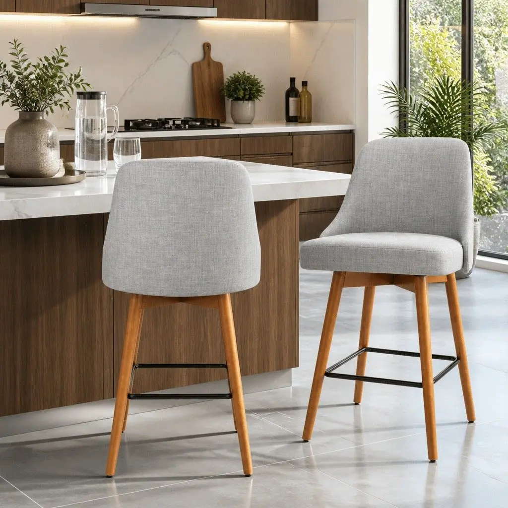 Bar Stools Swivel Seat Wooden Light Grey Kitchen Counter Height Set of 2