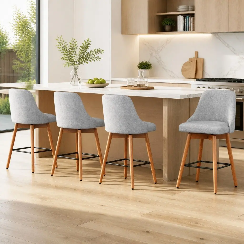 Bar Stools Set of 4 Swivel Wooden Seat Backrest Light Grey Kitchen Dining