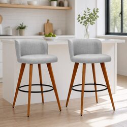 Bar Stools with Faux Linen Seat and Steel Footrest, Set of 2