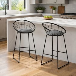 Set of 2 Black Metal Frame Bar Stools with Padded Seats