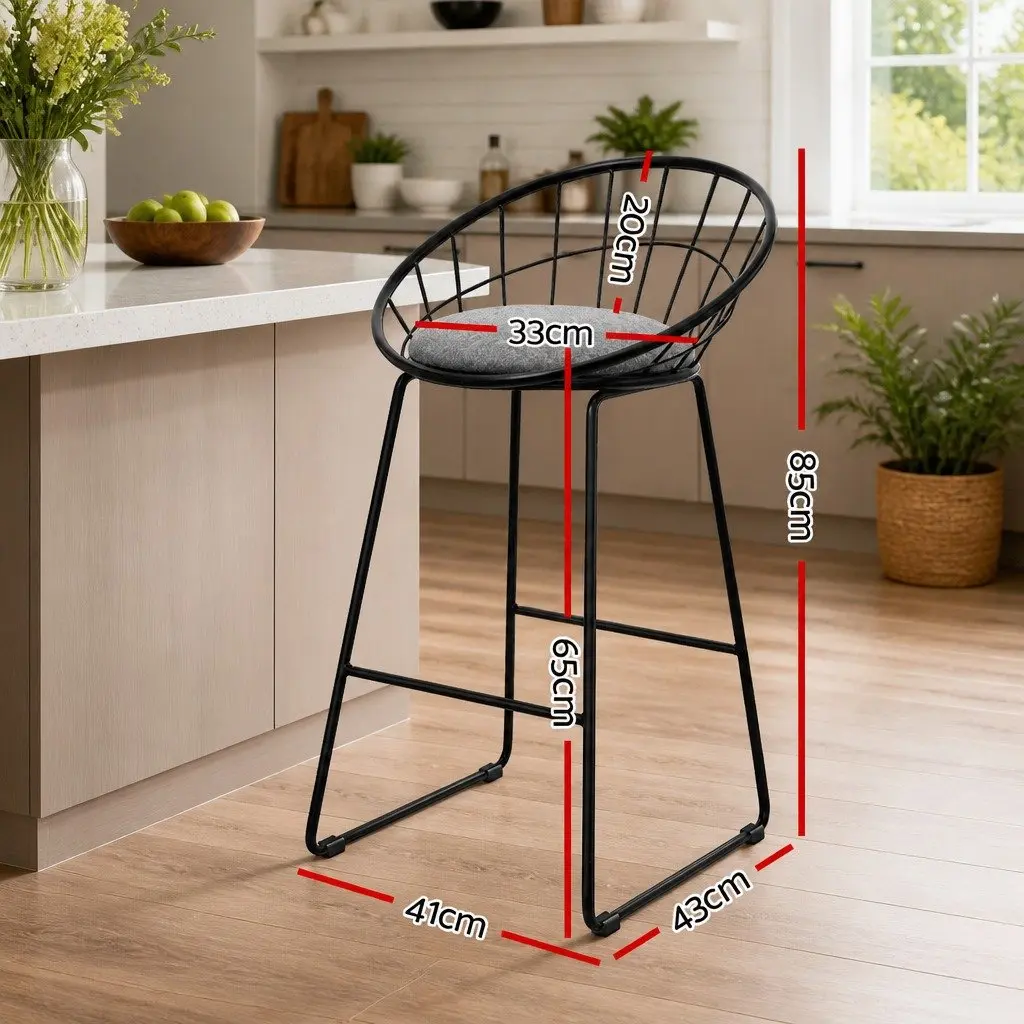 Metal Frame Bar Stools Set of 2 Padded Seat Black Kitchen Counter Height with Curved Backrest