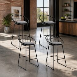 Black Bar Stools Set of 4 with Curved Backrest