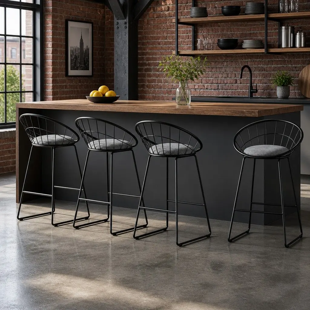 Black Kitchen Counter Height Bar Stools Set of 4 Padded Seat with Curved Backrest