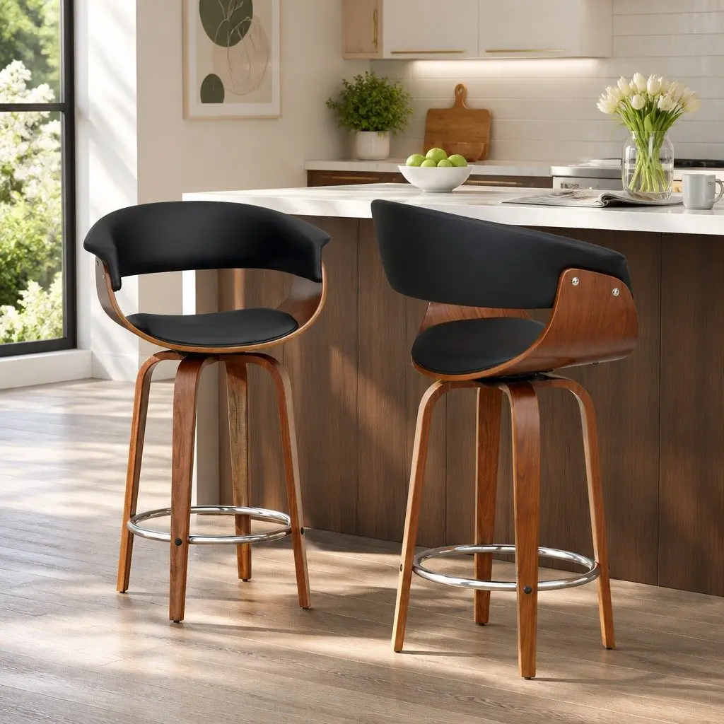 Bar Stools Swivel Seat Padded Armrest Bentwood Frame Black PU Leather 2 Piece