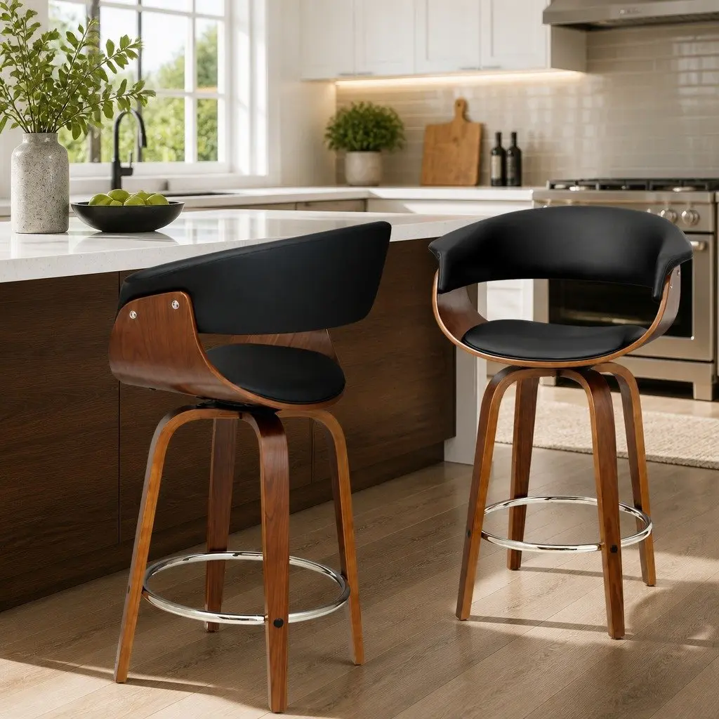 Bar Stools Swivel Seat Padded Armrest Bentwood Frame Black PU Leather 2 Piece