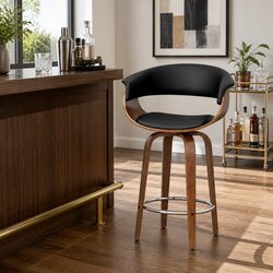 Black Padded Bar Stool with Swivel and Chrome Footrest