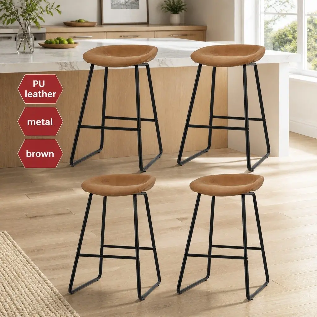 Bar Stools Set of 4 Kitchen Dining Counter Chair PU Leather Metal Brown Fixed