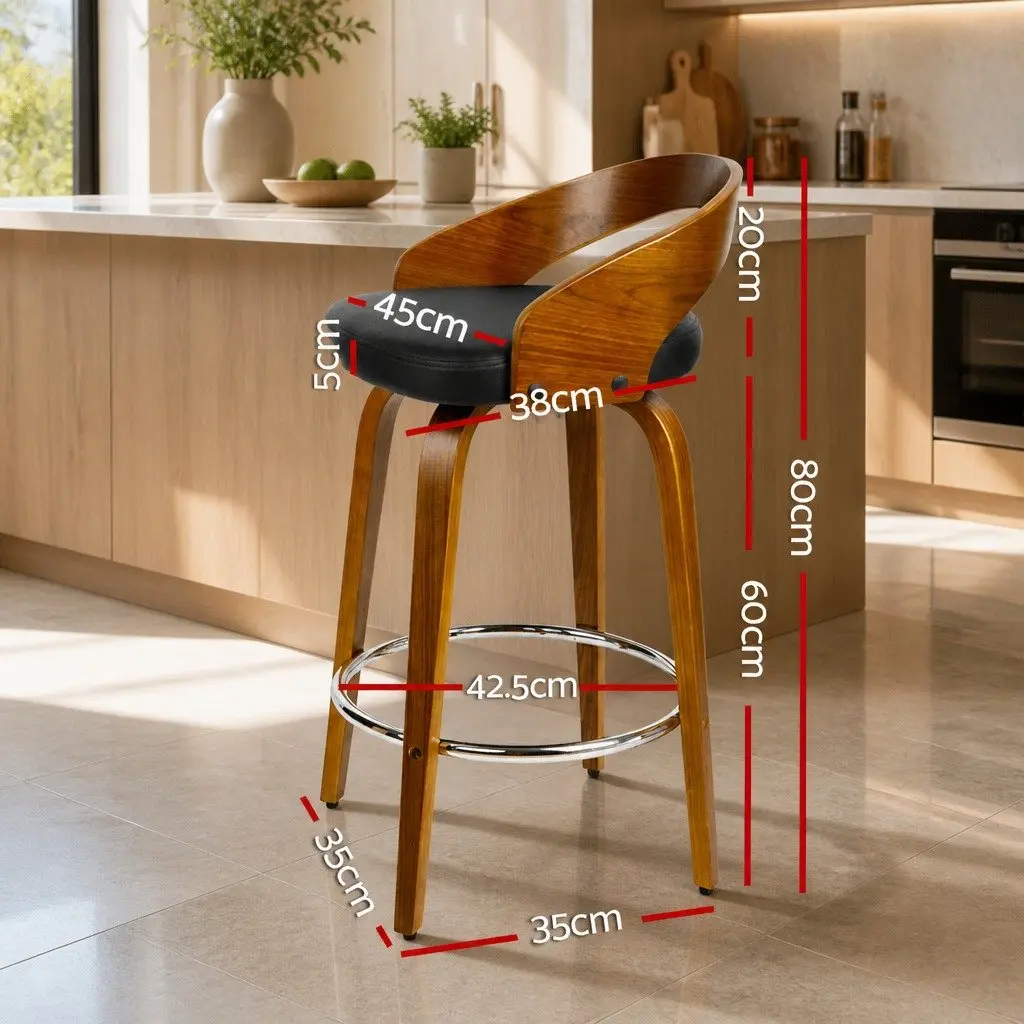 Bar Stools Swivel Seat Curved Backrest 80cm Walnut Wood Black