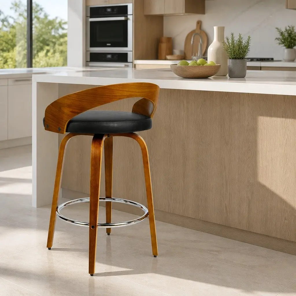 Bar Stools Swivel Seat Curved Backrest 80cm Walnut Wood Black