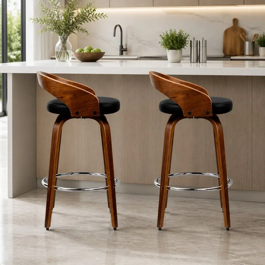 Bar Stools Swivel Seat Curved Backrest 80cm Walnut Wood Black
