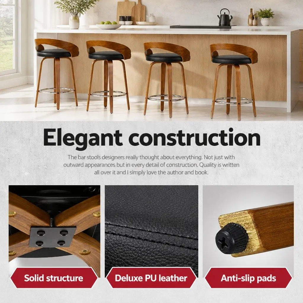 Set of 4 Bar Stools Wooden Structure Swivel Seat Curved Backrest Black PU Leather
