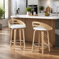 Set of 2 White Low Back Swivel Bar Stools with PU Cushion