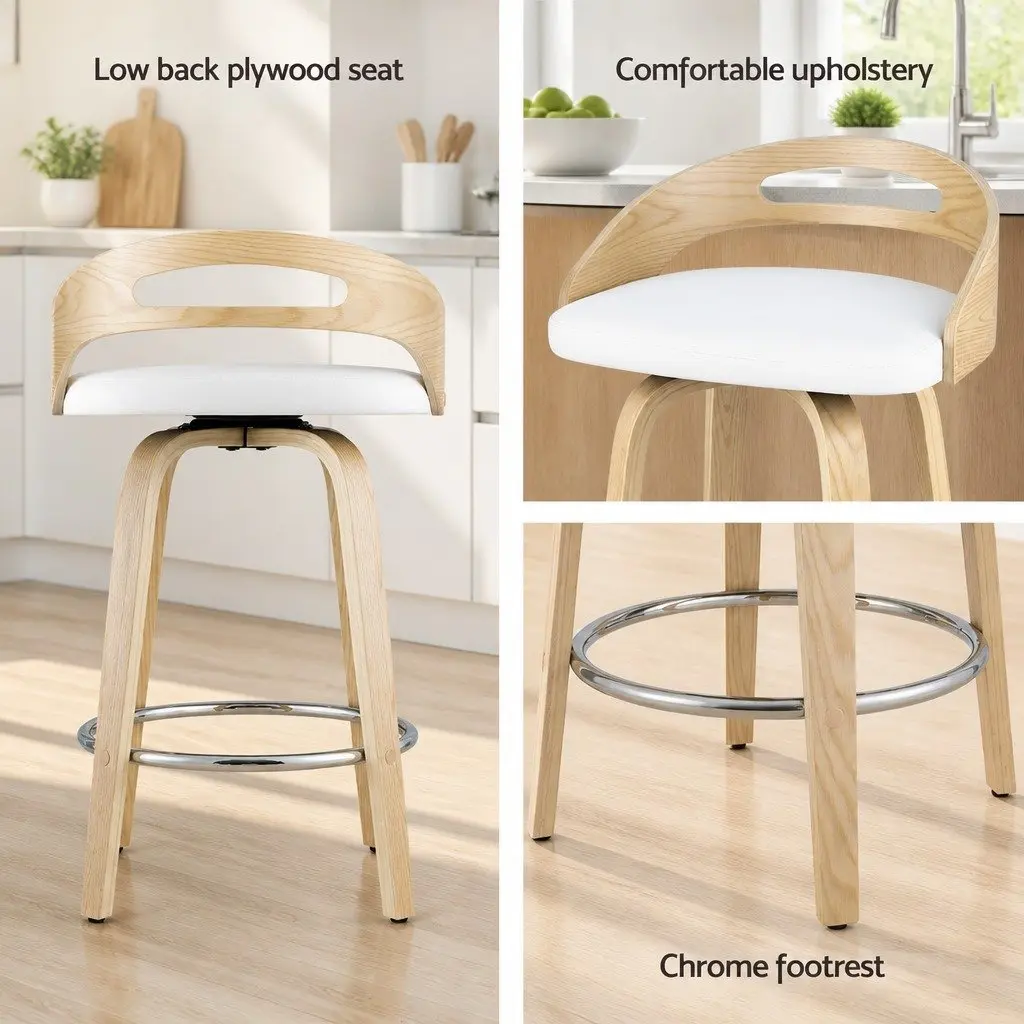 Bar Stools Swivel Dining Chairs Low Back Counter Seat PU Cushion White Set of 2
